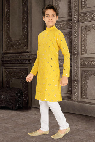 Neera Trendz Yellow Cotton Blend Mirror Work Kid's Kurta With Pyjama