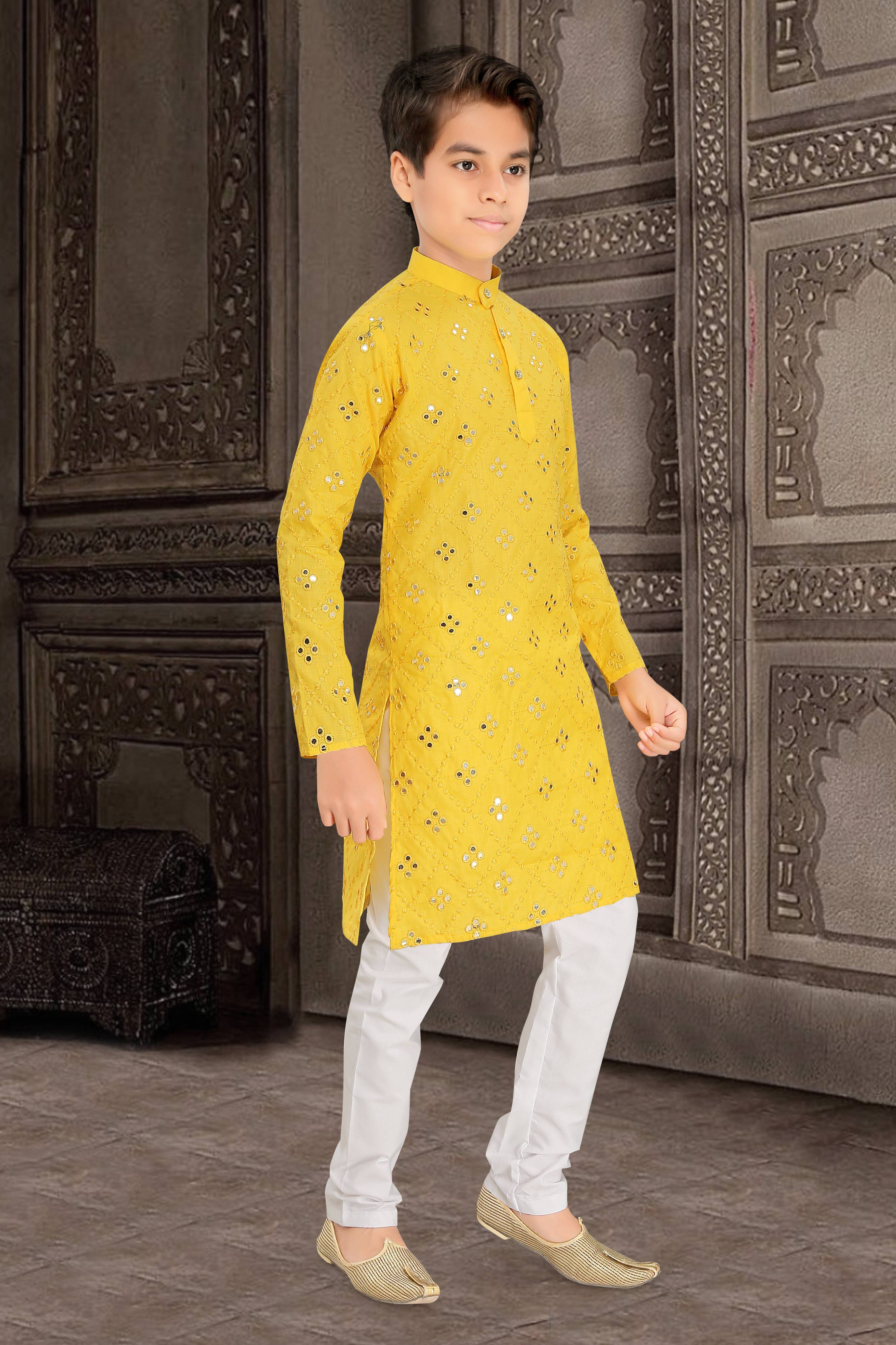 Neera Trendz Yellow Cotton Blend Mirror Work Kid's Kurta With Pyjama