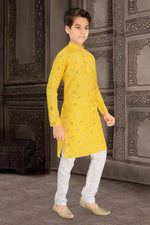 Thumbnail for Neera Trendz Yellow Cotton Blend Mirror Work Kid's Kurta With Pyjama