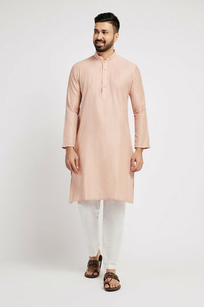 Ethnic India Pink Men's Kurta Striped Polyester - Distacart