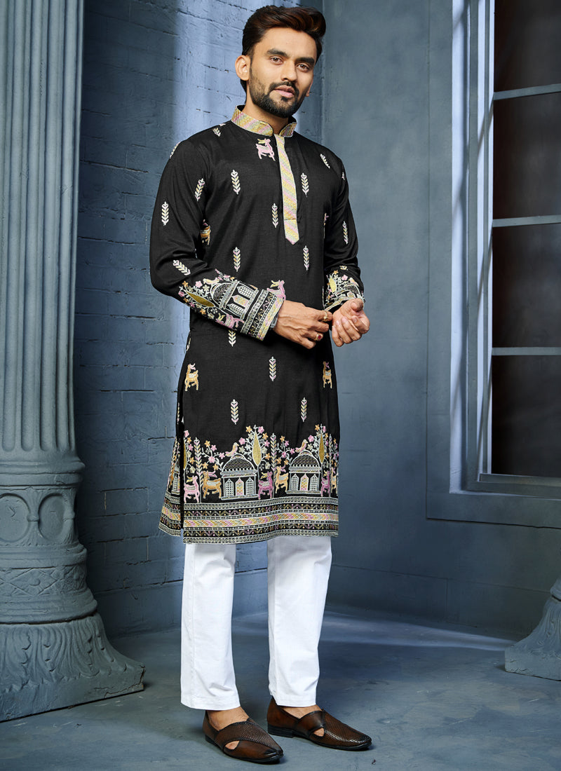 Prazu Fashion Black Soft Silk Multi Thread Embroidery Deer Pattern Daaman Concept Kurta - Distacart