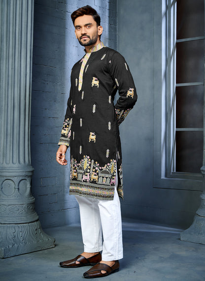 Prazu Fashion Black Soft Silk Multi Thread Embroidery Deer Pattern Daaman Concept Kurta - Distacart