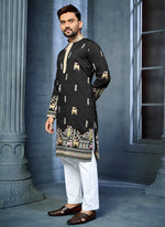 Thumbnail for Prazu Fashion Black Soft Silk Multi Thread Embroidery Deer Pattern Daaman Concept Kurta