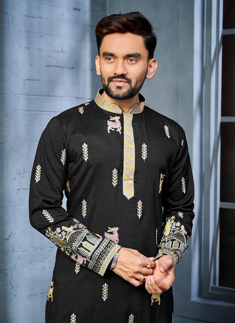 Prazu Fashion Black Soft Silk Multi Thread Embroidery Deer Pattern Daaman Concept Kurta