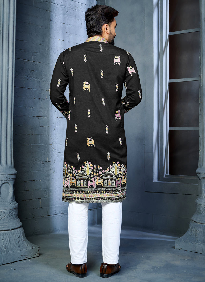 Prazu Fashion Black Soft Silk Multi Thread Embroidery Deer Pattern Daaman Concept Kurta