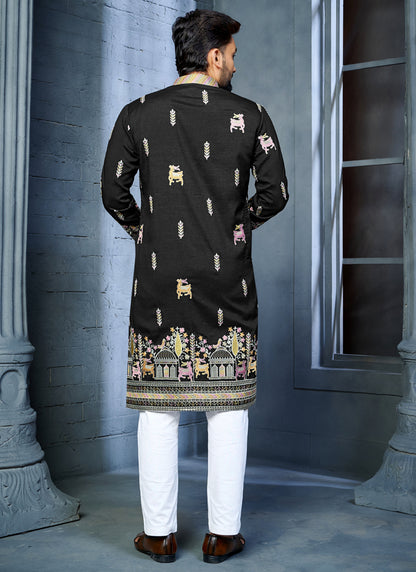 Prazu Fashion Black Soft Silk Multi Thread Embroidery Deer Pattern Daaman Concept Kurta - Distacart