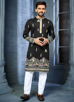 Thumbnail for Prazu Fashion Black Soft Silk Multi Thread Embroidery Deer Pattern Daaman Concept Kurta
