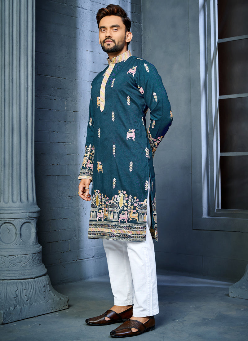 Prazu Fashion Blue Soft Silk Multi Thread Embroidery Deer Pattern Daaman Concept Kurta - Distacart