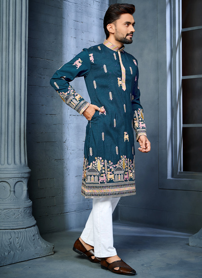 Prazu Fashion Blue Soft Silk Multi Thread Embroidery Deer Pattern Daaman Concept Kurta