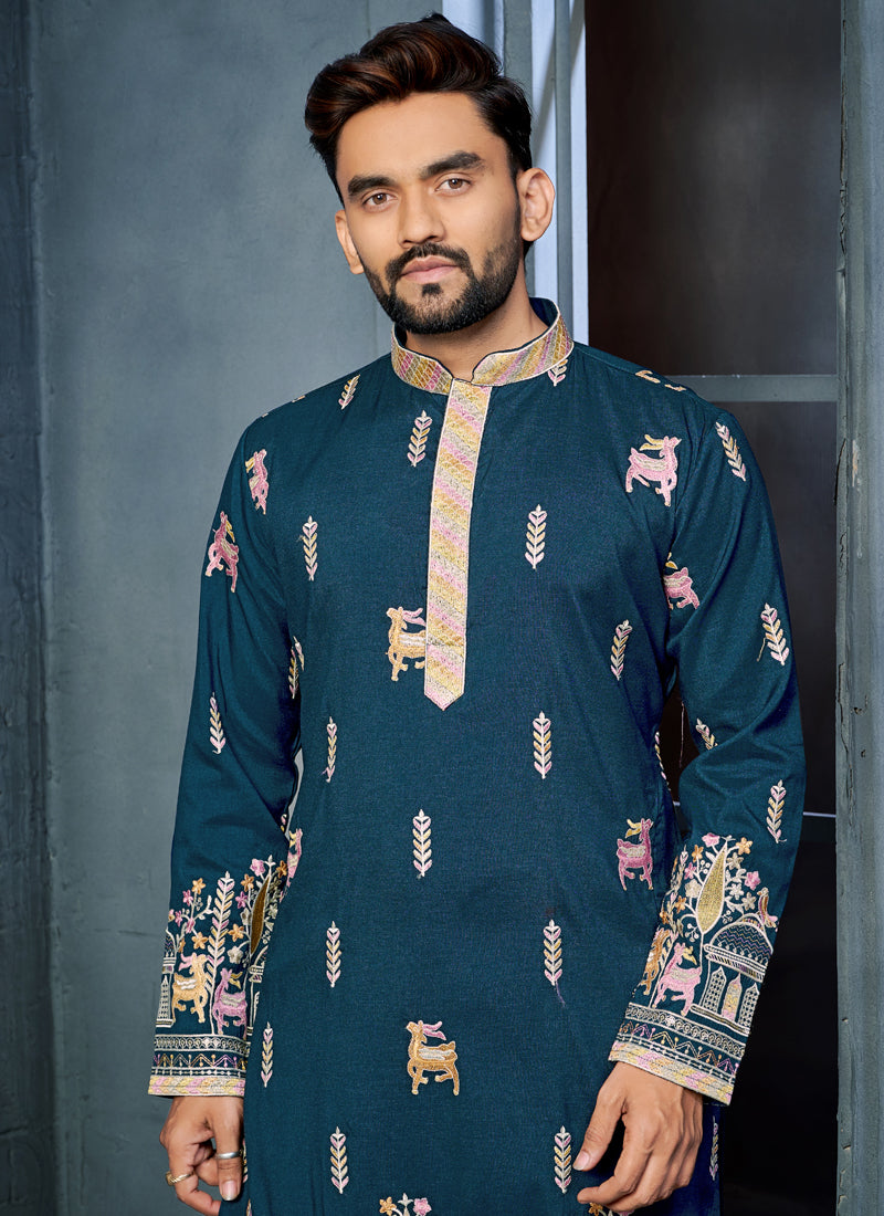 Prazu Fashion Blue Soft Silk Multi Thread Embroidery Deer Pattern Daaman Concept Kurta - Distacart