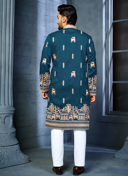 Prazu Fashion Blue Soft Silk Multi Thread Embroidery Deer Pattern Daaman Concept Kurta - Distacart
