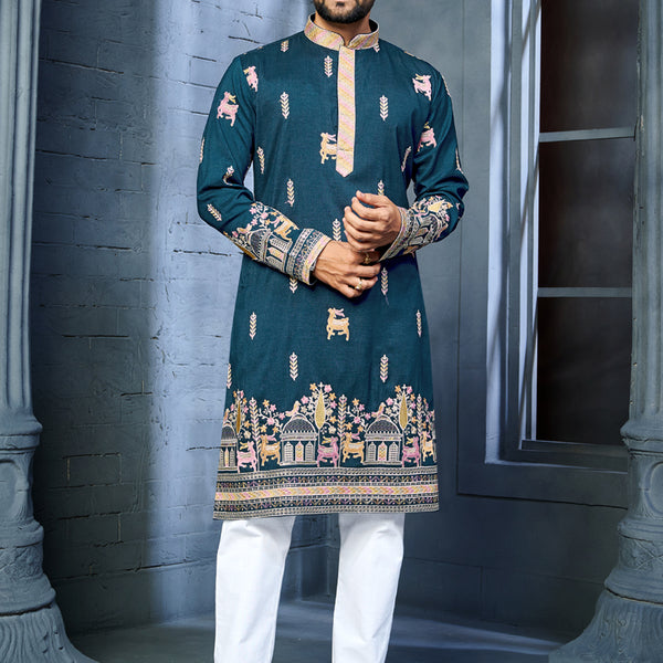 Prazu Fashion Blue Soft Silk Multi Thread Embroidery Deer Pattern Daaman Concept Kurta