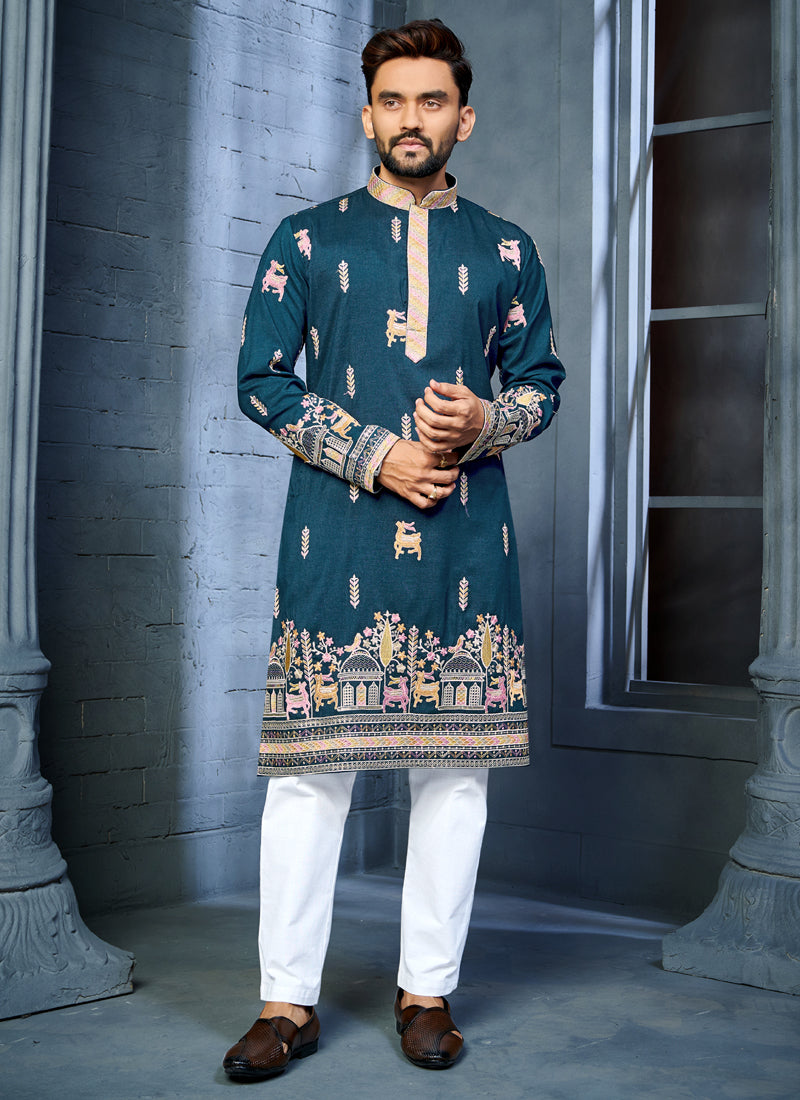 Prazu Fashion Blue Soft Silk Multi Thread Embroidery Deer Pattern Daaman Concept Kurta - Distacart