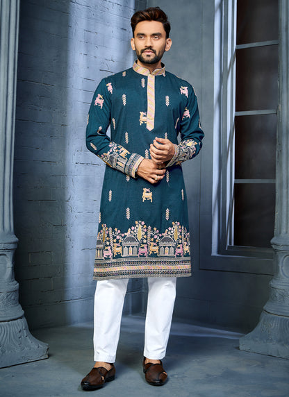 Prazu Fashion Blue Soft Silk Multi Thread Embroidery Deer Pattern Daaman Concept Kurta - Distacart