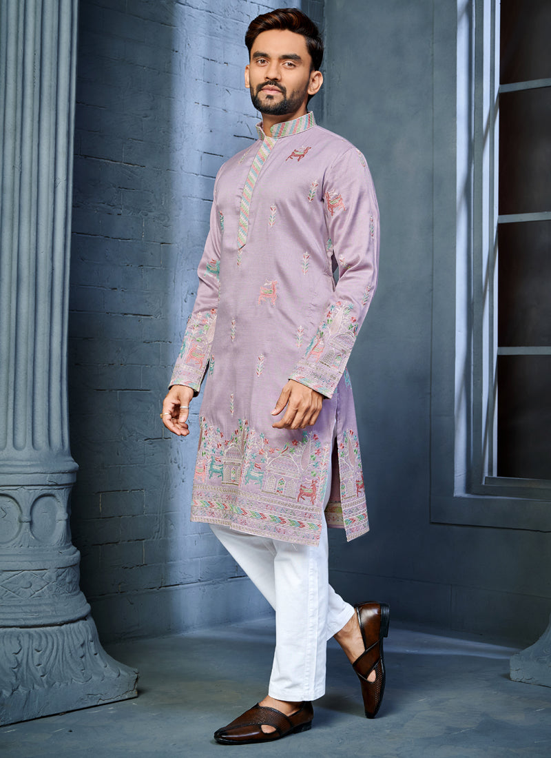 Prazu Fashion Lavender Soft Silk Multi Thread Embroidery Deer Pattern Daaman Concept Kurta