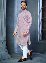 Thumbnail for Prazu Fashion Lavender Soft Silk Multi Thread Embroidery Deer Pattern Daaman Concept Kurta