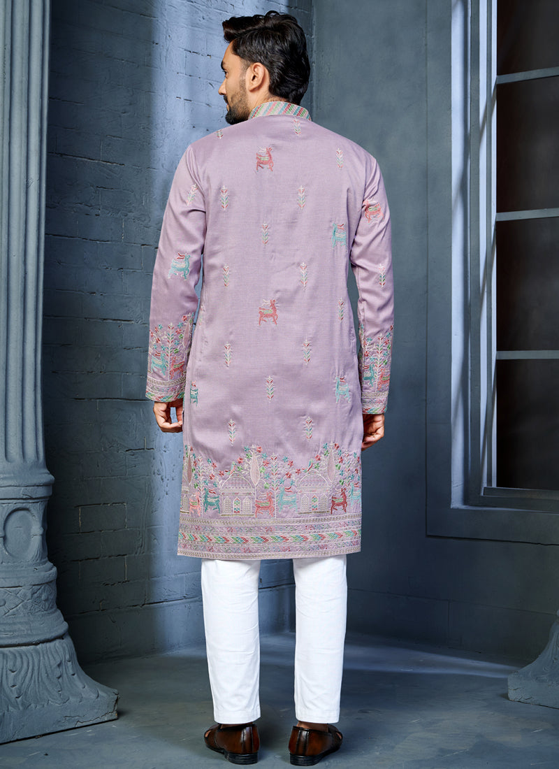 Prazu Fashion Lavender Soft Silk Multi Thread Embroidery Deer Pattern Daaman Concept Kurta
