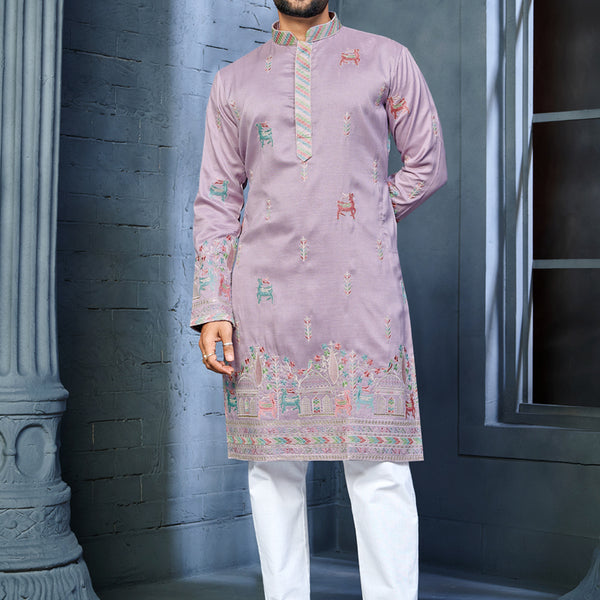 Prazu Fashion Lavender Soft Silk Multi Thread Embroidery Deer Pattern Daaman Concept Kurta