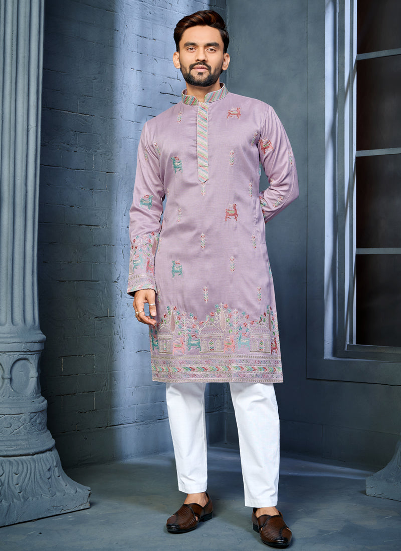 Prazu Fashion Lavender Soft Silk Multi Thread Embroidery Deer Pattern Daaman Concept Kurta