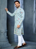 Thumbnail for Prazu Fashion Light Sky Blue Soft Silk Multi Thread Embroidery Deer Pattern Daaman Concept Kurta