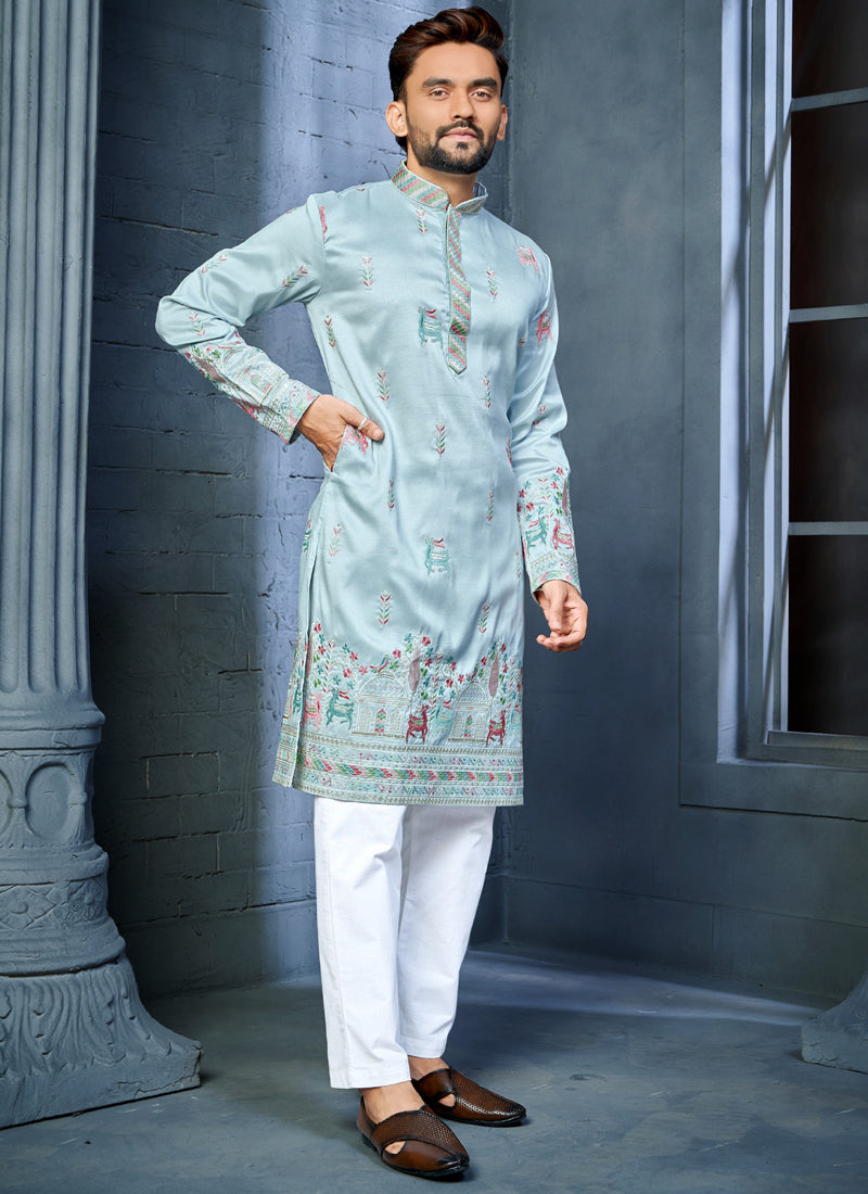 Prazu Fashion Light Sky Blue Soft Silk Multi Thread Embroidery Deer Pattern Daaman Concept Kurta