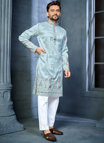 Thumbnail for Prazu Fashion Light Sky Blue Soft Silk Multi Thread Embroidery Deer Pattern Daaman Concept Kurta