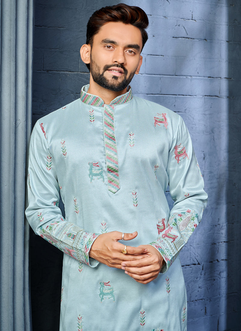 Prazu Fashion Light Sky Blue Soft Silk Multi Thread Embroidery Deer Pattern Daaman Concept Kurta