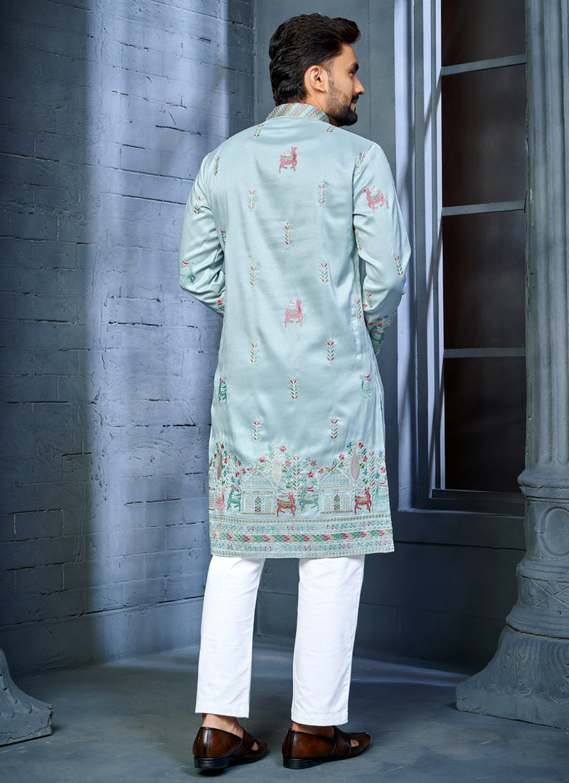 Prazu Fashion Light Sky Blue Soft Silk Multi Thread Embroidery Deer Pattern Daaman Concept Kurta