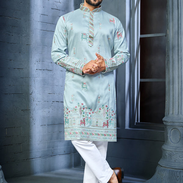 Prazu Fashion Light Sky Blue Soft Silk Multi Thread Embroidery Deer Pattern Daaman Concept Kurta