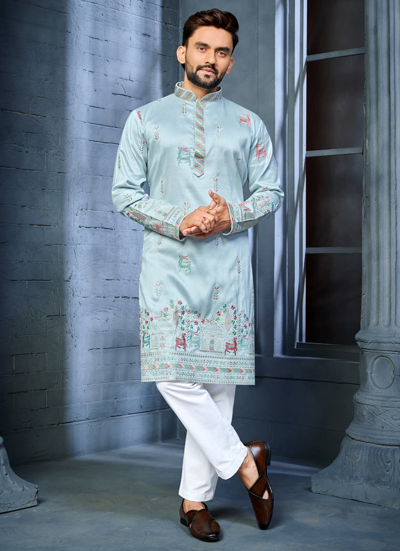 Prazu Fashion Light Sky Blue Soft Silk Multi Thread Embroidery Deer Pattern Daaman Concept Kurta - Distacart