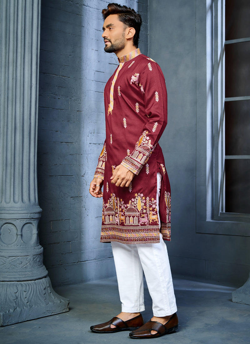 Prazu Fashion Maroon Soft Silk Multi Thread Embroidery Deer Pattern Daaman Concept Kurta - Distacart