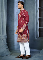 Thumbnail for Prazu Fashion Maroon Soft Silk Multi Thread Embroidery Deer Pattern Daaman Concept Kurta