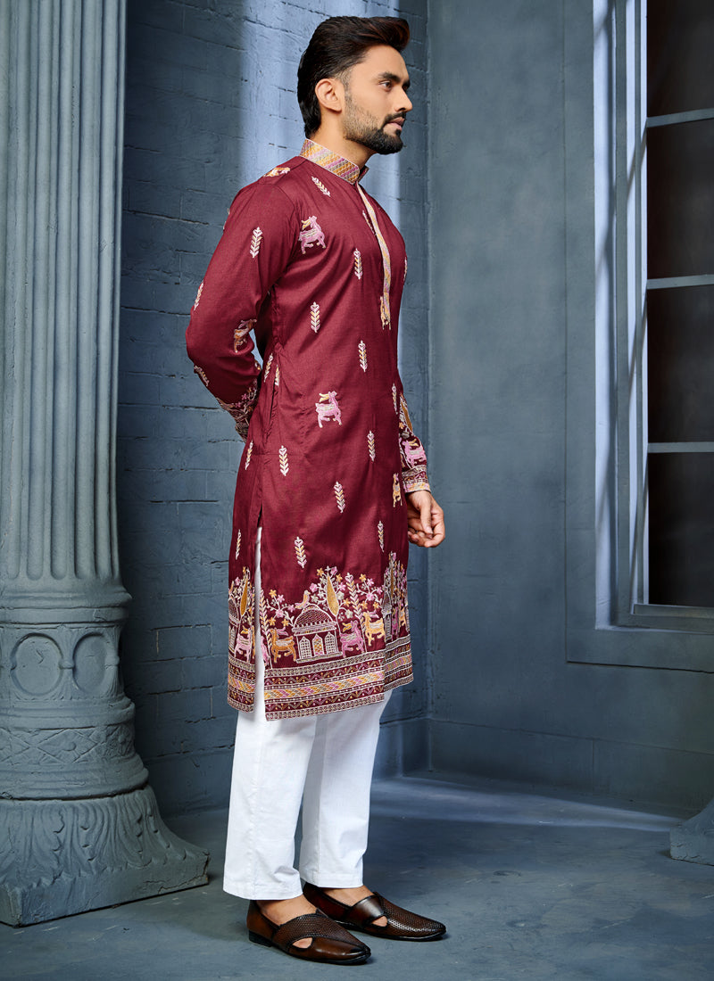 Prazu Fashion Maroon Soft Silk Multi Thread Embroidery Deer Pattern Daaman Concept Kurta