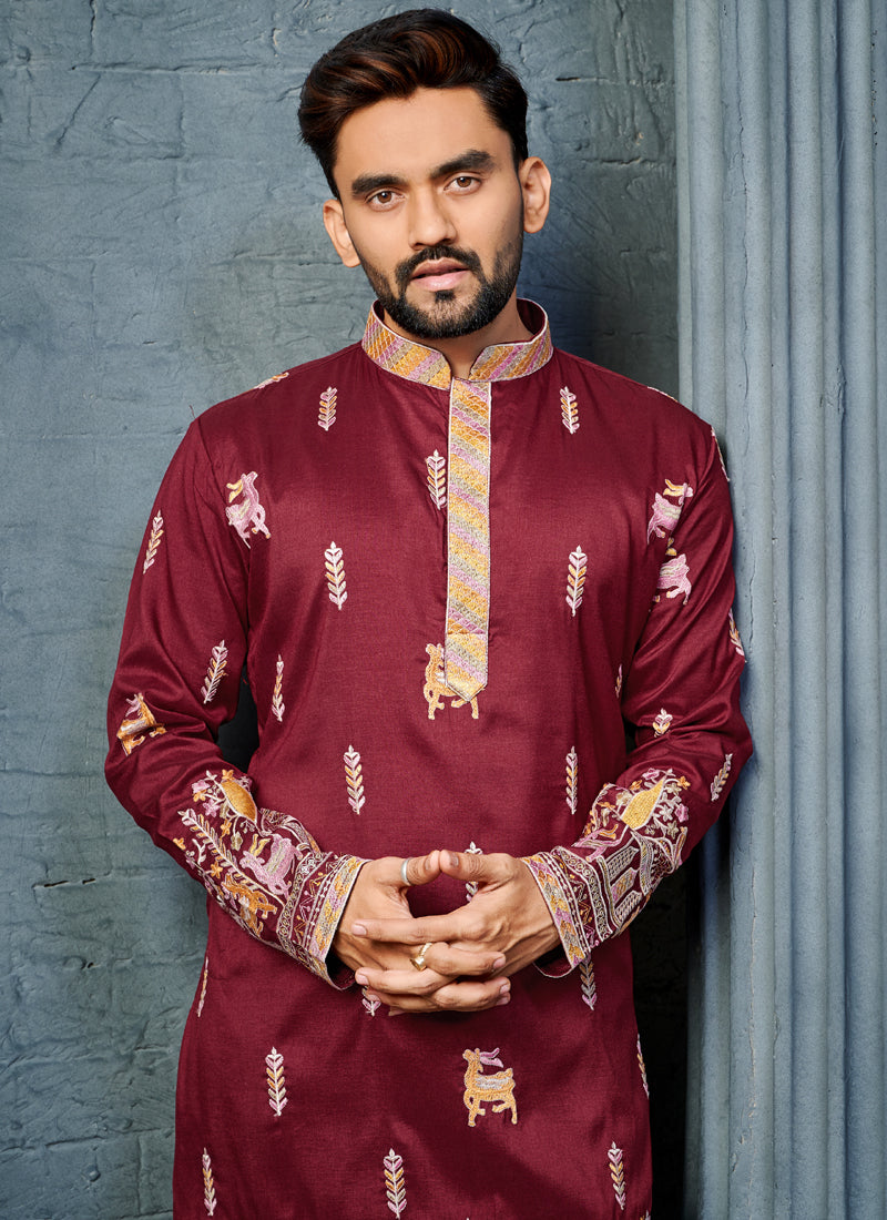Prazu Fashion Maroon Soft Silk Multi Thread Embroidery Deer Pattern Daaman Concept Kurta - Distacart