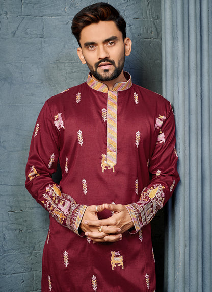 Prazu Fashion Maroon Soft Silk Multi Thread Embroidery Deer Pattern Daaman Concept Kurta - Distacart