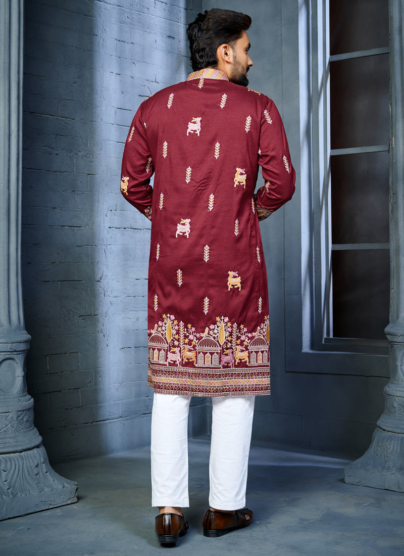 Prazu Fashion Maroon Soft Silk Multi Thread Embroidery Deer Pattern Daaman Concept Kurta