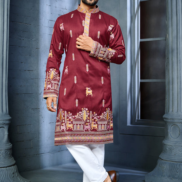 Prazu Fashion Maroon Soft Silk Multi Thread Embroidery Deer Pattern Daaman Concept Kurta