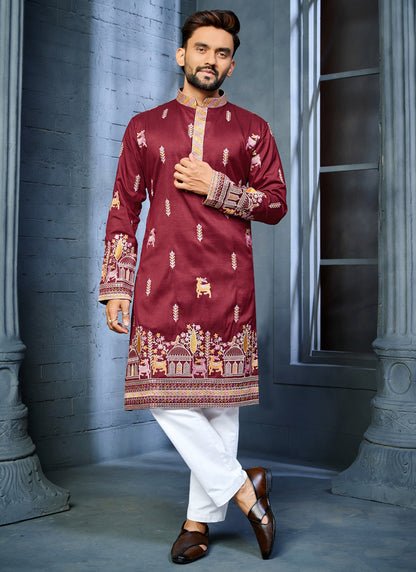 Prazu Fashion Maroon Soft Silk Multi Thread Embroidery Deer Pattern Daaman Concept Kurta - Distacart