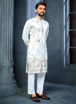 Thumbnail for Prazu Fashion Off White Soft Silk Multi Thread Embroidery Deer Pattern Daaman Concept Kurta