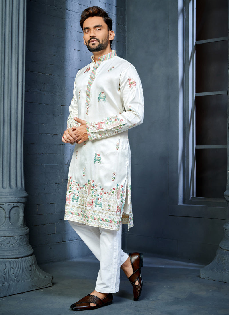 Prazu Fashion Off White Soft Silk Multi Thread Embroidery Deer Pattern Daaman Concept Kurta