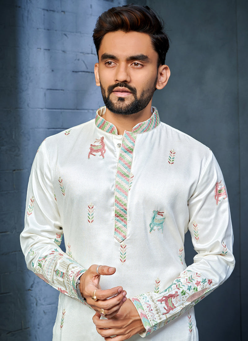 Prazu Fashion Off White Soft Silk Multi Thread Embroidery Deer Pattern Daaman Concept Kurta