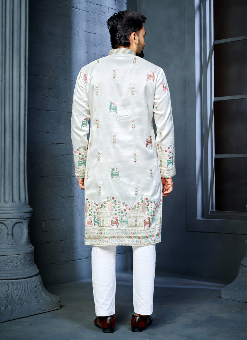 Prazu Fashion Off White Soft Silk Multi Thread Embroidery Deer Pattern Daaman Concept Kurta