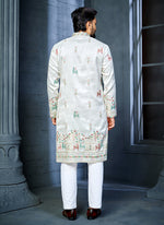 Thumbnail for Prazu Fashion Off White Soft Silk Multi Thread Embroidery Deer Pattern Daaman Concept Kurta