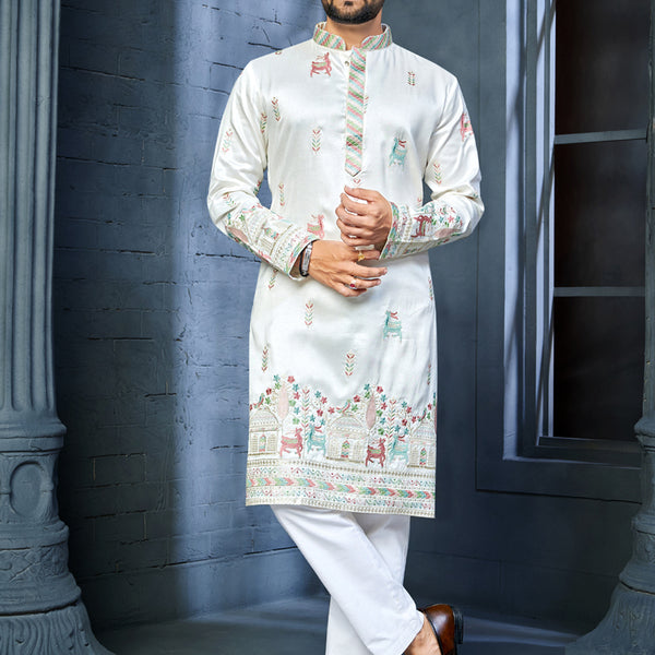 Prazu Fashion Off White Soft Silk Multi Thread Embroidery Deer Pattern Daaman Concept Kurta