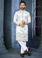 Thumbnail for Prazu Fashion Off White Soft Silk Multi Thread Embroidery Deer Pattern Daaman Concept Kurta