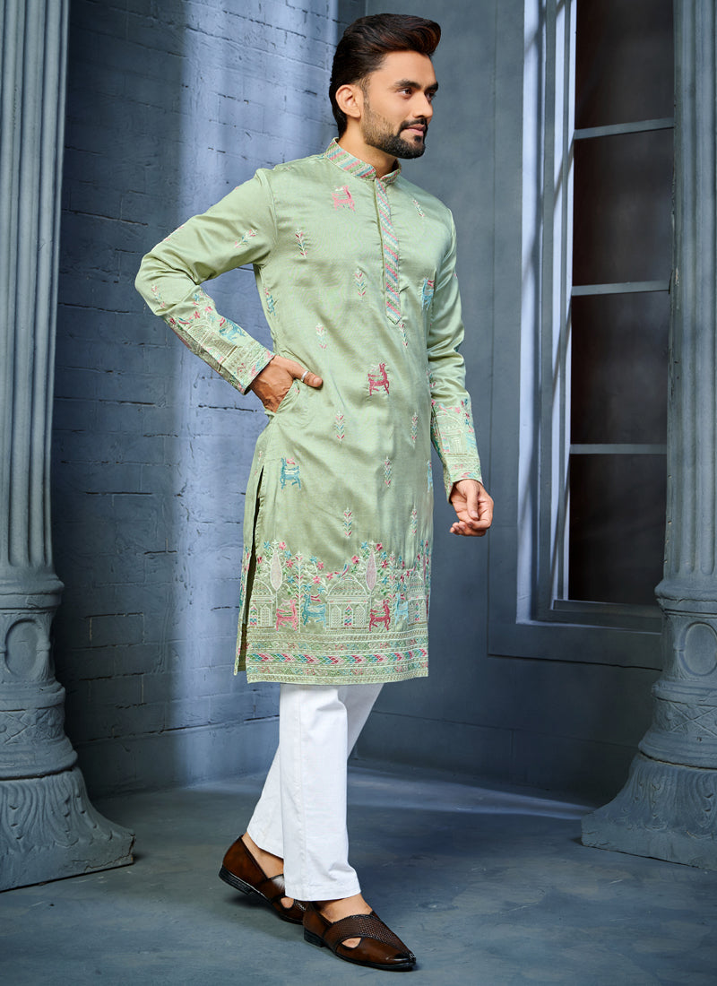 Prazu Fashion Pista Soft Silk Multi Thread Embroidery Deer Pattern Daaman Concept Kurta