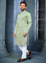Thumbnail for Prazu Fashion Pista Soft Silk Multi Thread Embroidery Deer Pattern Daaman Concept Kurta