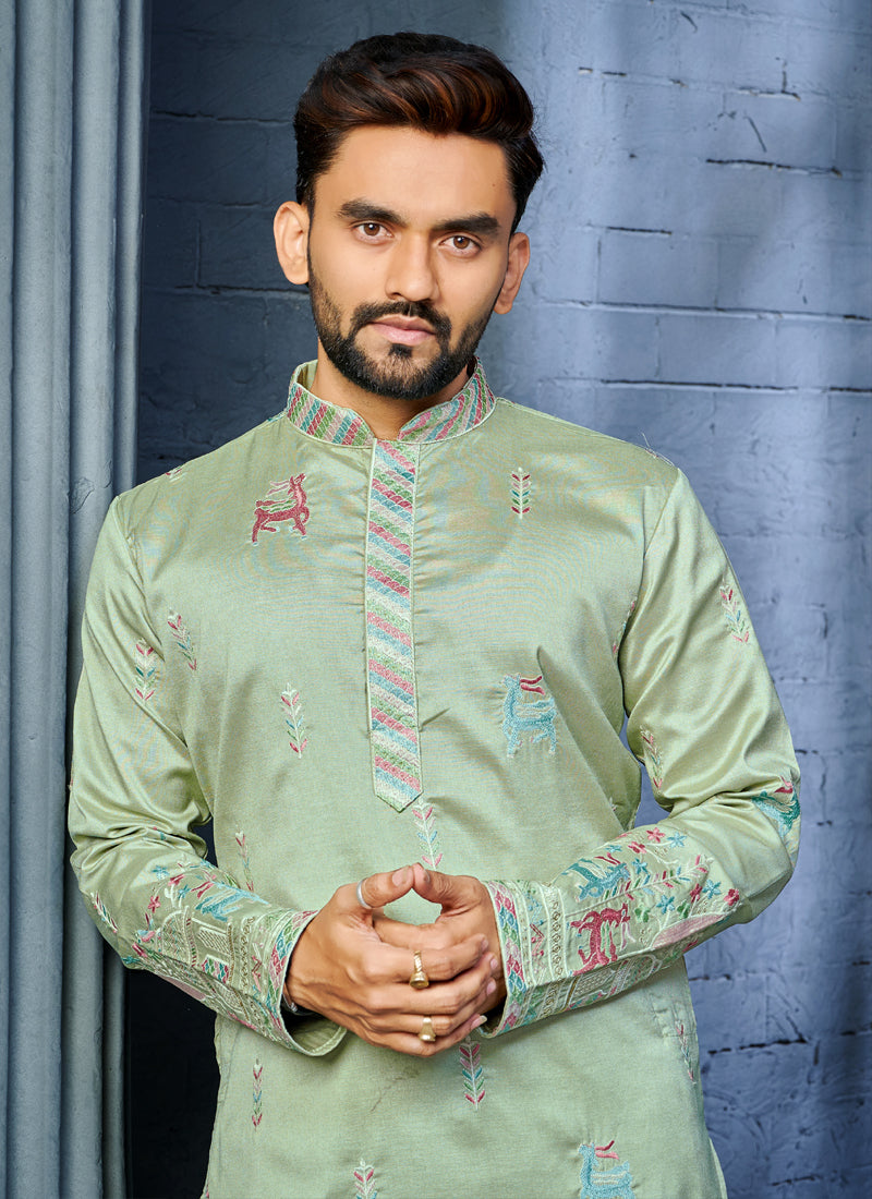 Prazu Fashion Pista Soft Silk Multi Thread Embroidery Deer Pattern Daaman Concept Kurta