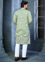 Thumbnail for Prazu Fashion Pista Soft Silk Multi Thread Embroidery Deer Pattern Daaman Concept Kurta