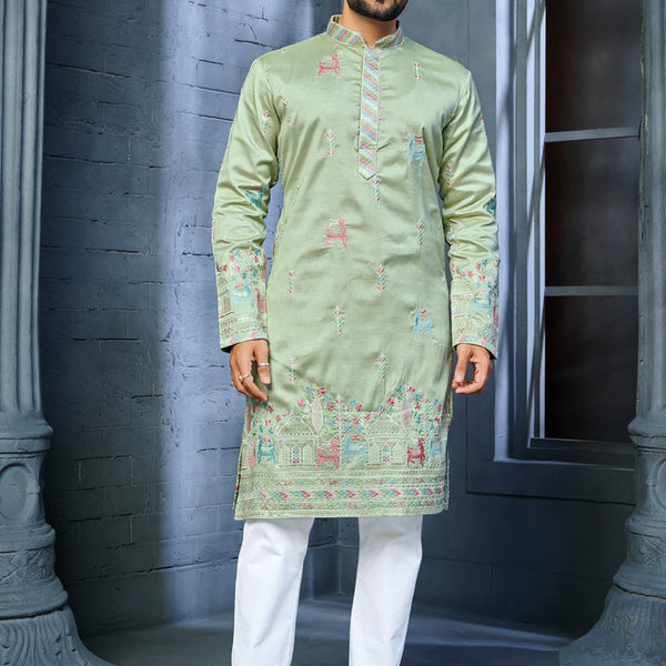 Prazu Fashion Pista Soft Silk Multi Thread Embroidery Deer Pattern Daaman Concept Kurta